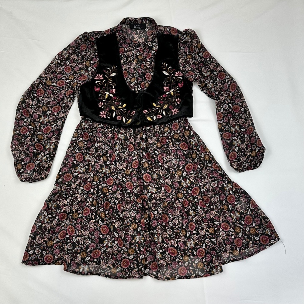 BCX Girl Floral Long Sleeve Dress Embroidered Velvet Vest Kids‎ Size 14 Black